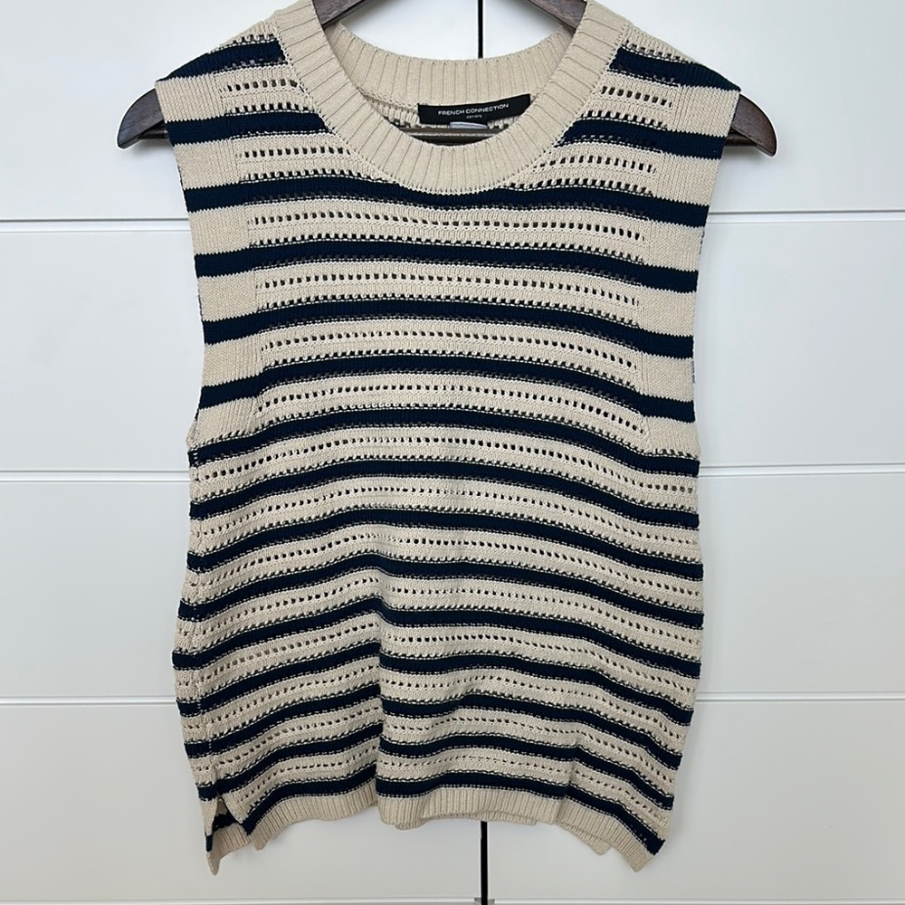French Connection Cream and Navy Blue Crew Neck Sweater